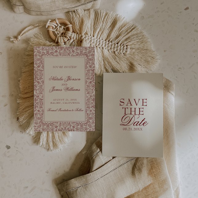 Boho Deep Red Floral Botanical Burgundy Wedding Save The Date (Creator Uploaded)