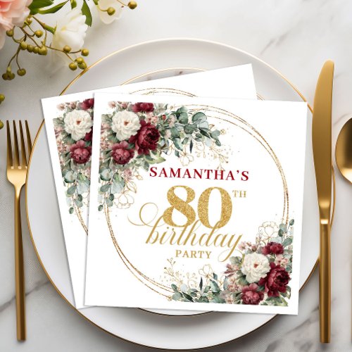 Boho Deep Red Floral Gold 80th Birthday Napkins