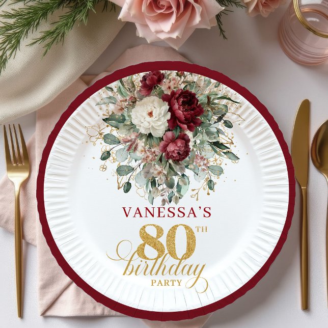 Boho Deep Red Floral Gold 80th Birthday Paper   Plates (Boho Deep Red Floral Gold 80th Birthday Paper Plates)