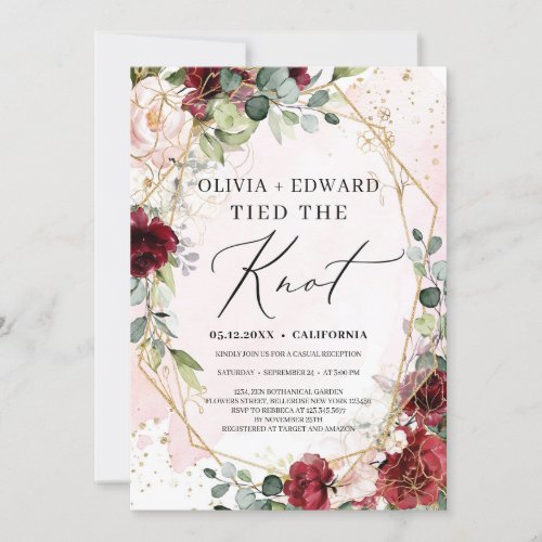 Boho deep red floral gold geomatric tied the knot invitation