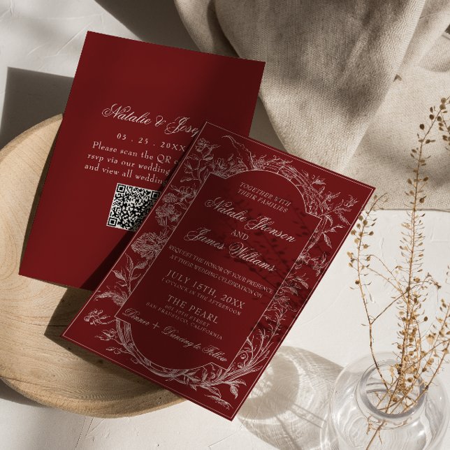 Boho Deep Red Floral QR Code Botanical Wedding Invitation (Creator Uploaded)