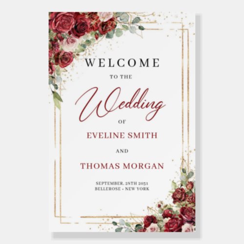 Boho deep red roses blush wedding welcome sign