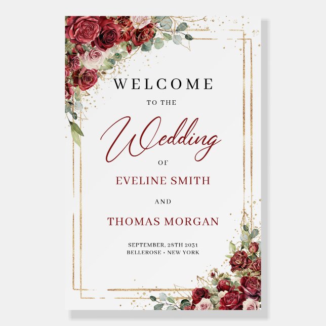 Boho deep red roses blush wedding welcome sign (Front)