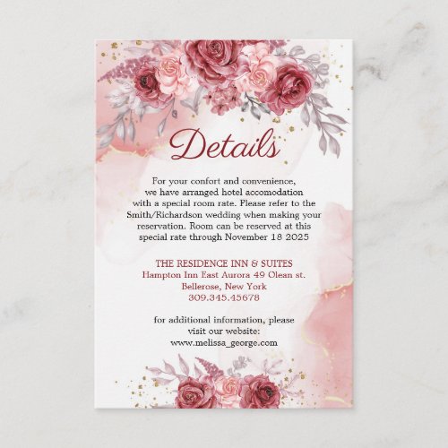 Boho Deep Red Roses Faux Gold wedding details  Enclosure Card