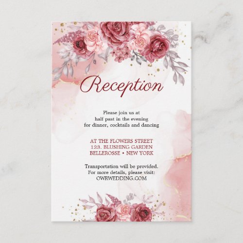 Boho Deep Red Roses Faux Gold Wedding Reception Enclosure Card