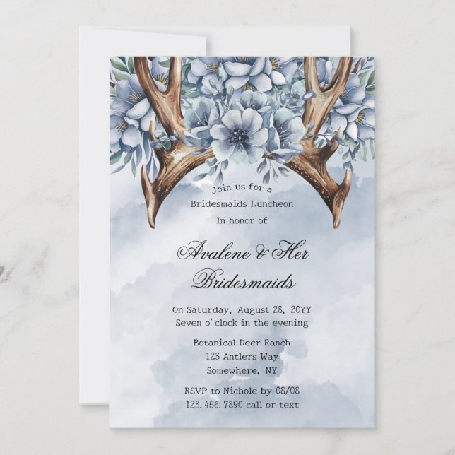 Boho Deer Antler Blue Floral Bridesmaids Luncheon Invitation (Front)