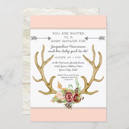 BOHO Deer Antler Blush Floral Baby Girl Shower Invitation