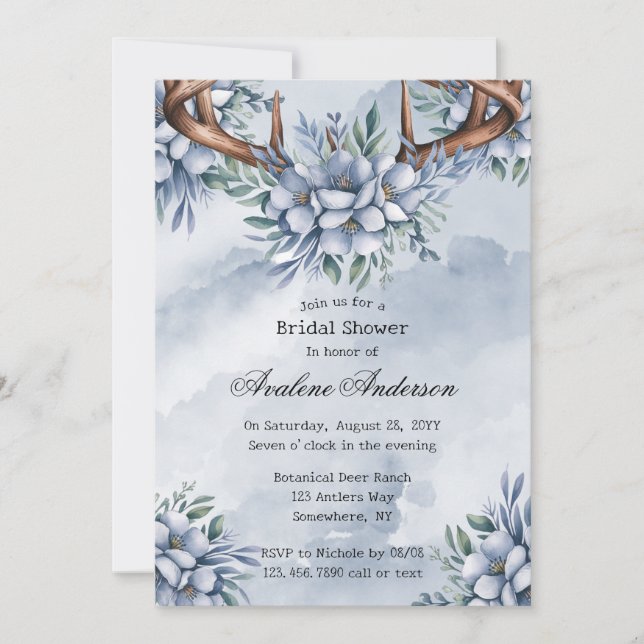 Boho Deer Antler Dusty Blue Floral Bridal Shower Invitation (Front)