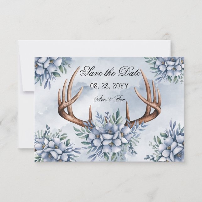 Boho Deer Antler Dusty Blue Floral  Save The Date (Front)