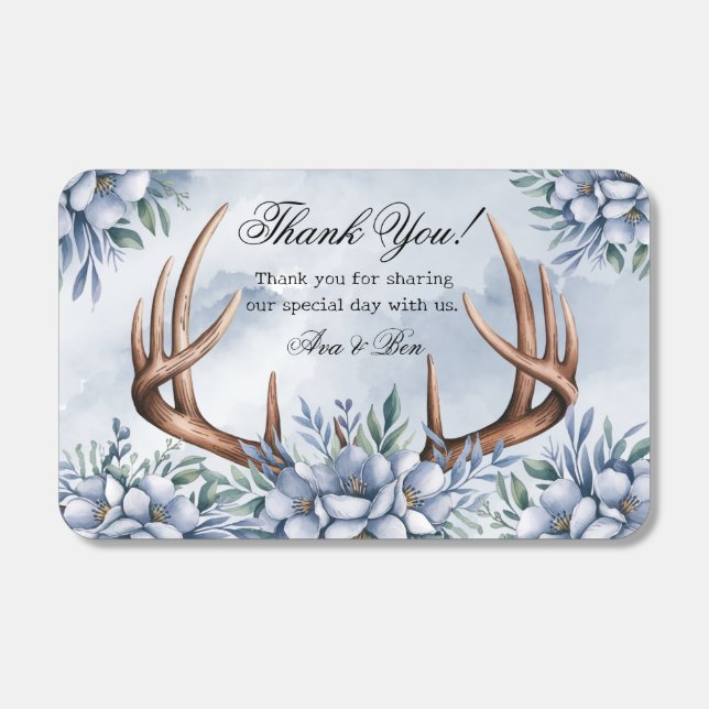 Boho Deer Antler Dusty Blue Floral Thank You Matchboxes (Front)