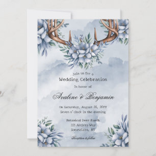 Boho Deer Antler Dusty Blue Floral Wedding Invitation