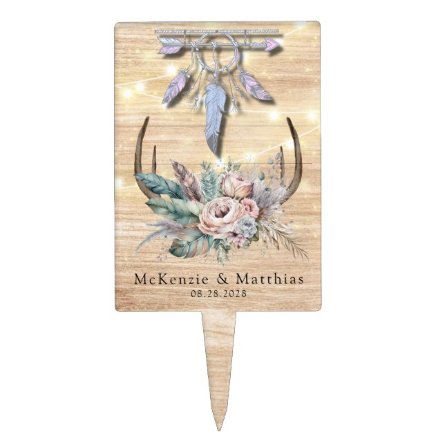 Boho Deer Antler Floral Arrow Feathers Wedding Cake Topper (Front)