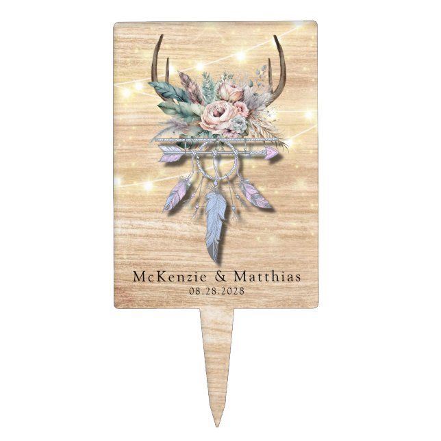 Boho Deer Antler Floral Arrow Feathers Wedding Cake Topper (Front)