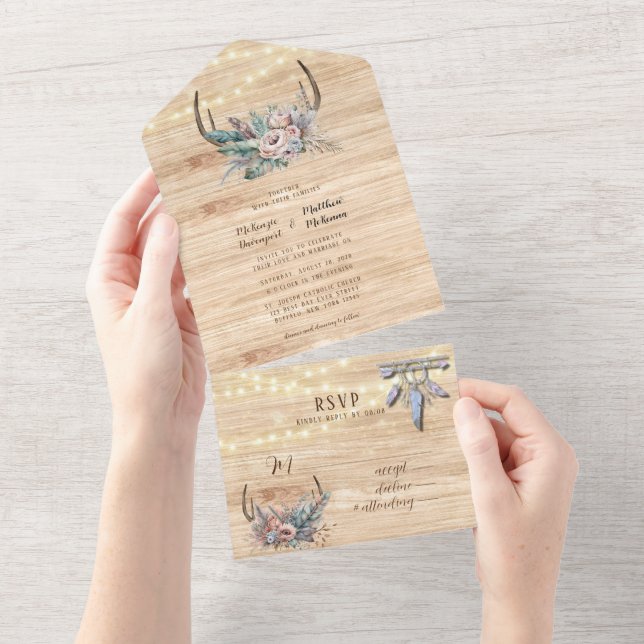 Boho Deer Antler Floral Wedding All In One Invitation (Tearaway)