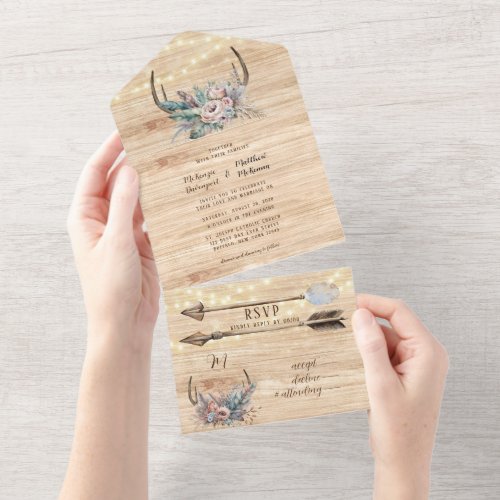 Boho Deer Antler Floral Wedding All In One Invitation