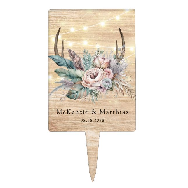Boho Deer Antler Floral Wedding Cake Topper (Front)