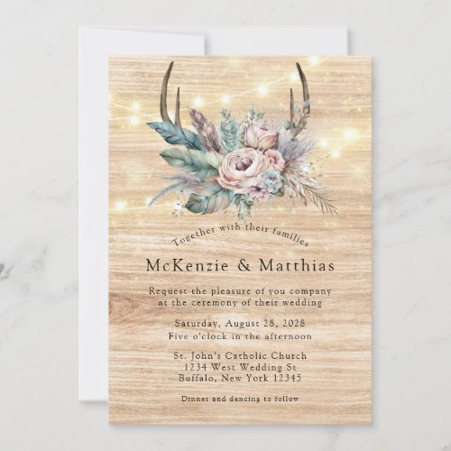 Boho Deer Antler Floral Wedding Invitation