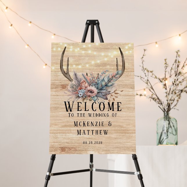 Boho Deer Antler Floral Wedding Welcome Sign (In Situ (Stand))