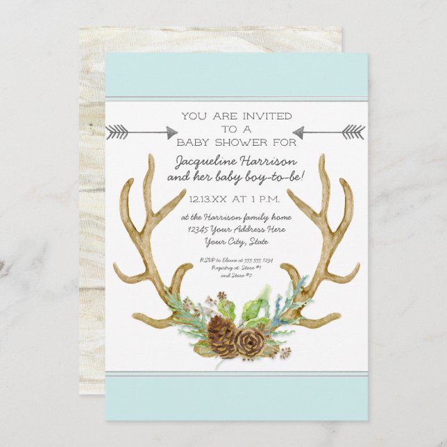BOHO Deer Antler Pine Cones Ferns Baby Boy Shower Invitation (Front/Back)
