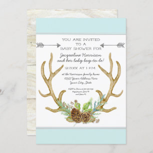 BOHO Deer Antler Pine Cones Ferns Baby Boy Shower Invitation