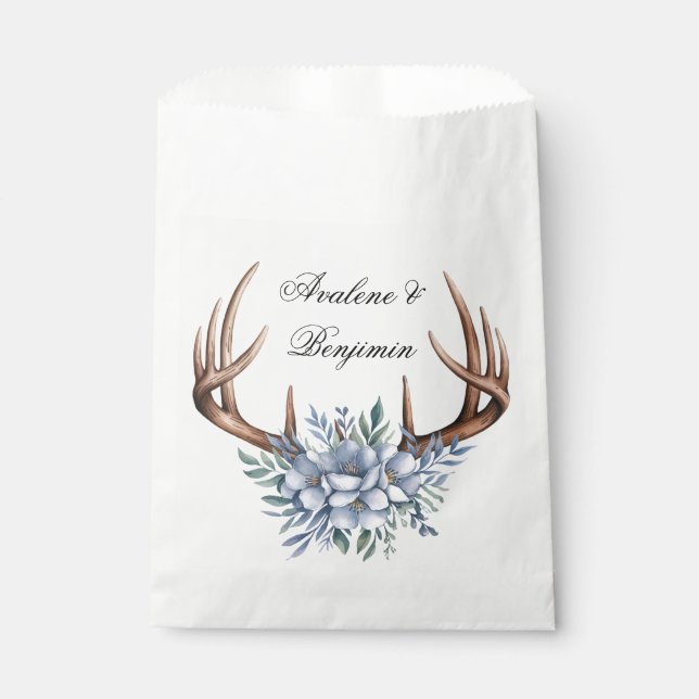 Boho Deer Antler with Blue Florals Wedding Favor Bag (Front)