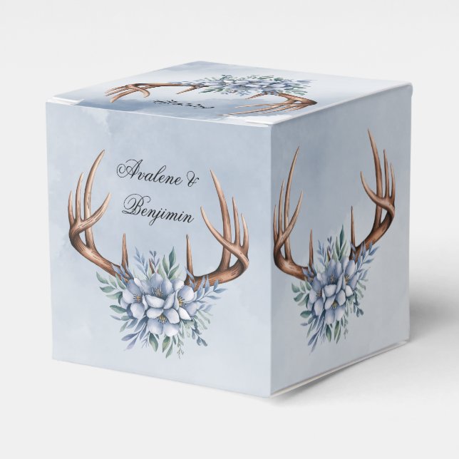 Boho Deer Antler with Blue Florals Wedding Favor Boxes (Front Side)