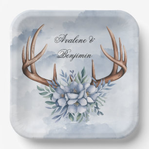 Boho Deer Antler with Blue Florals Wedding Paper Plates