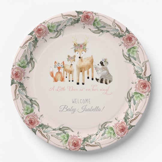 BOHO Deer Antler Woodland Animals Baby Girl Paper Plate | Zazzle.com