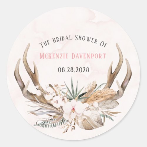 Boho Deer Antlers and Florals Bridal Shower Classic Round Sticker