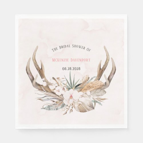 Boho Deer Antlers and Florals Bridal Shower Napkins