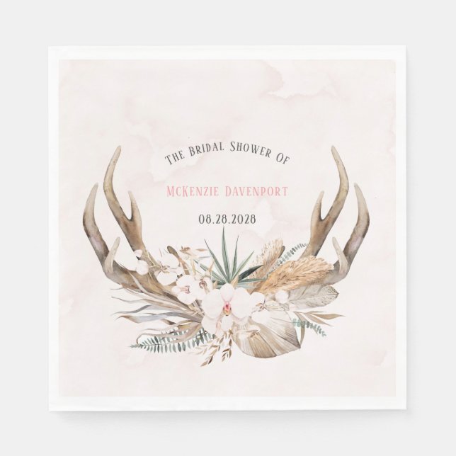 Boho Deer Antlers and Florals Bridal Shower Napkins (Front)