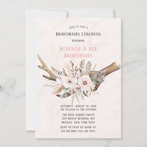 Boho Deer Antlers and Florals Bridesmaids Luncheon Invitation