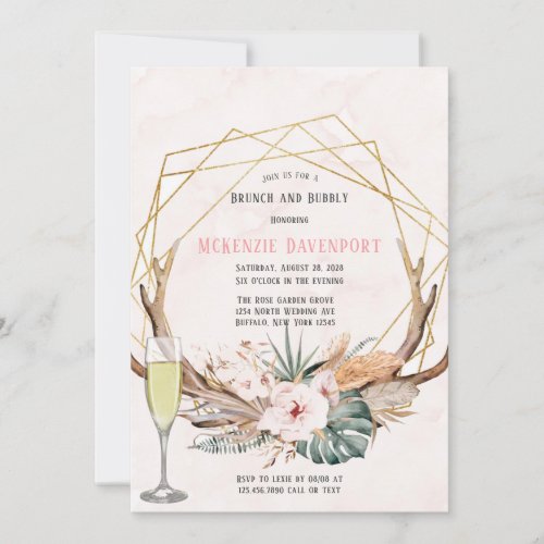 Boho Deer Antlers and Florals Brunch and Bubbly Invitation
