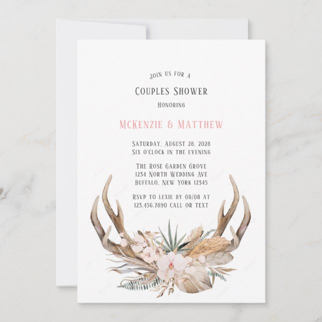 Boho Deer Antlers and Florals Couples Shower Invitation (Front)