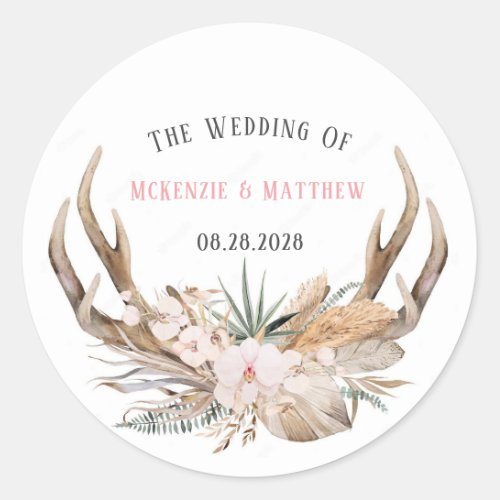 Boho Deer Antlers and Florals Wedding Classic Round Sticker