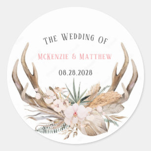 Boho Deer Antlers and Florals Wedding Classic Round Sticker