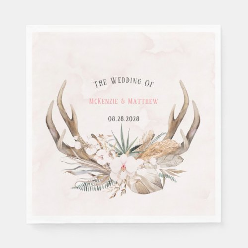 Boho Deer Antlers and Florals Wedding Napkins