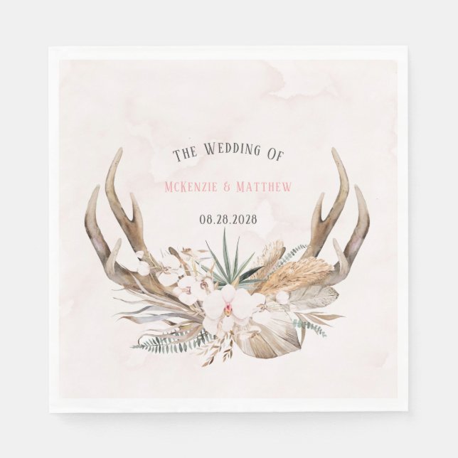 Boho Deer Antlers and Florals Wedding Napkins (Front)