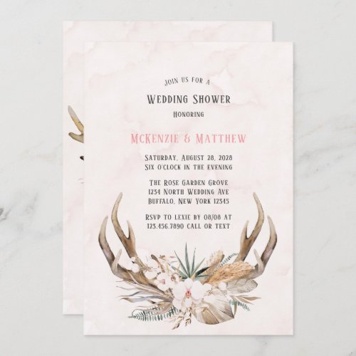 Boho Deer Antlers and Florals Wedding Shower Invitation