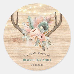 Boho Deer Antlers and Florals Wood Bridal Shower Classic Round Sticker