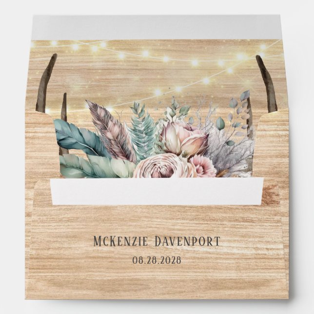 Boho Deer Antlers and Florals Wood Bridal Shower Envelope (Back (Bottom))