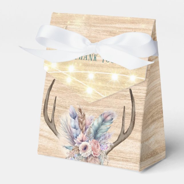 Boho Deer Antlers and Florals Wood Wedding Favor Boxes (Front Side)