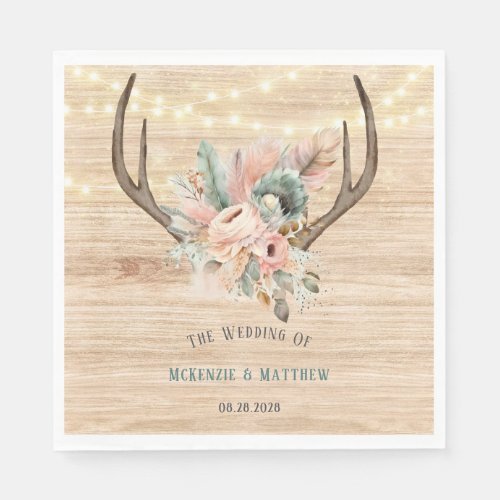 Boho Deer Antlers and Florals Wood Wedding Napkins