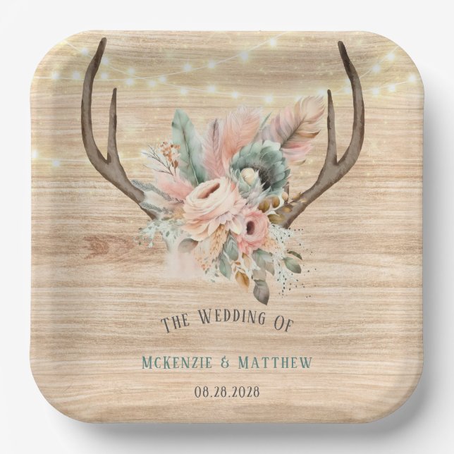 Boho Deer Antlers and Florals Wood Wedding Paper Plates (Front)