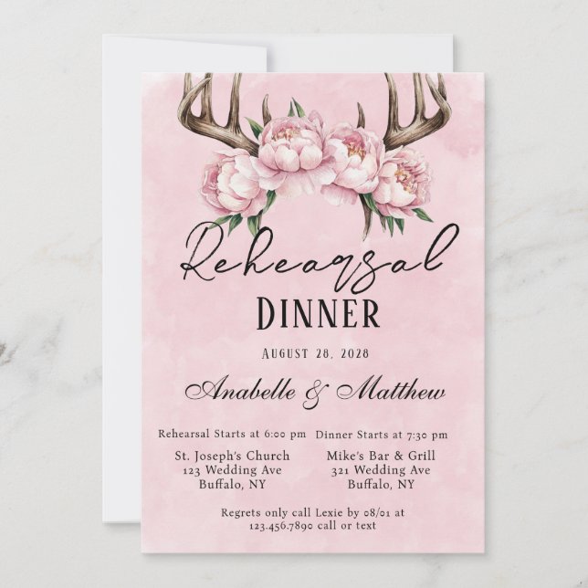 Boho Deer Antlers Pink Peonies Rehearsal Dinner Invitation (Front)