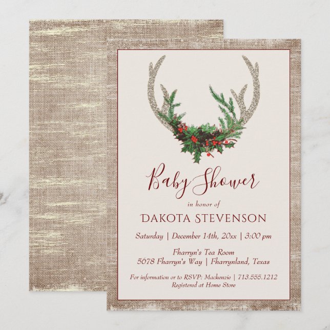 Boho Deer Antlers | Rustic Christmas Baby Shower Invitation (Front/Back)