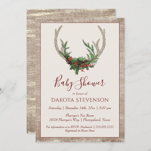 Boho Deer Antlers  Rustic Christmas Baby Shower Invitation