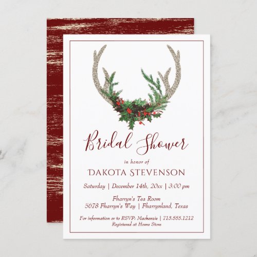 Boho Deer Antlers  Rustic Christmas Bridal Shower Invitation