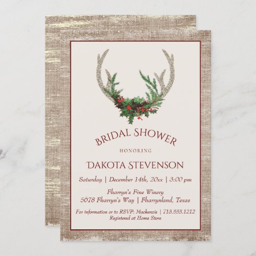 Boho Deer Antlers  Rustic Christmas Bridal Shower Invitation