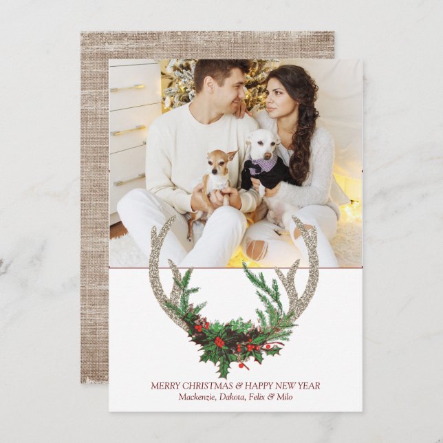 Boho Deer Antlers | Rustic Christmas Floral Photo Holiday Card (Front/Back)